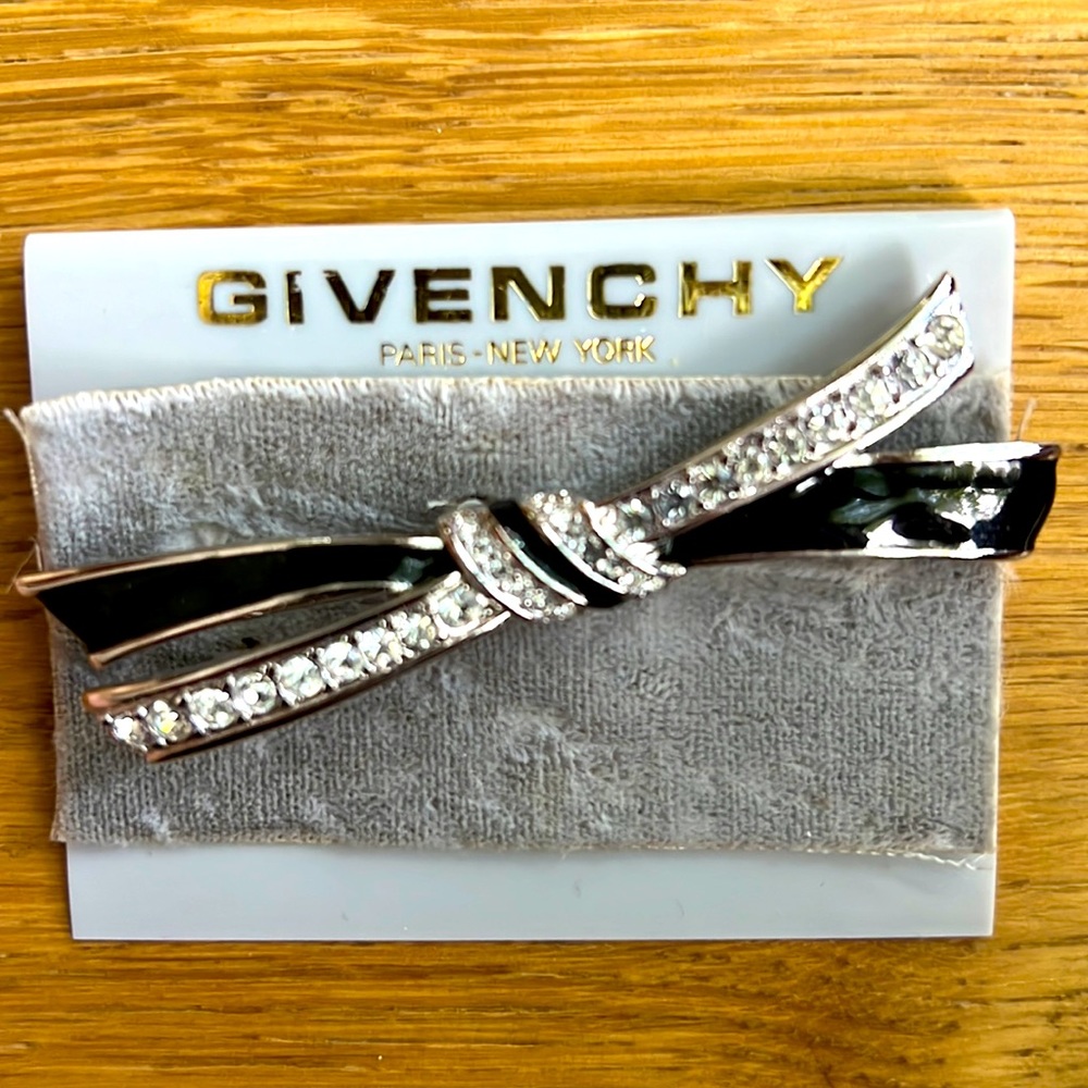 GIVENCHY VINTAGE Rhinestone Black Enamel Bow Brooch.